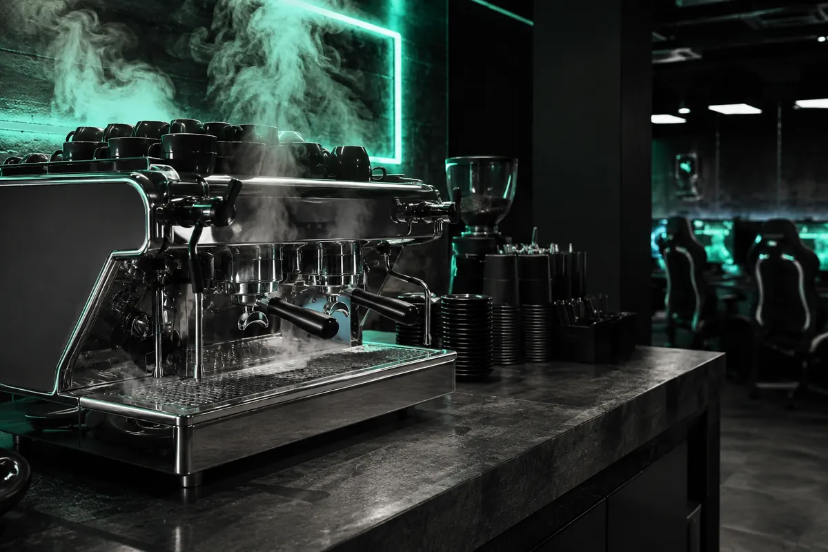 Máquina de espresso profesional despidiendo vapor en la barra del club