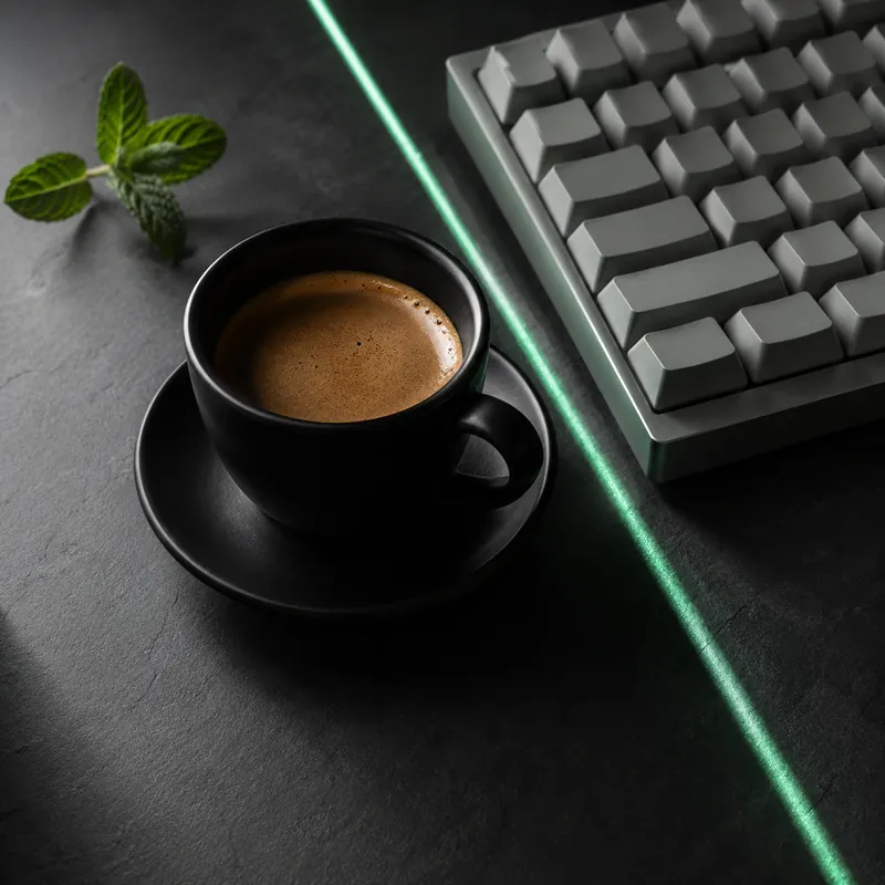 Taza de café negro junto a un teclado gris sobre una línea de luz menta