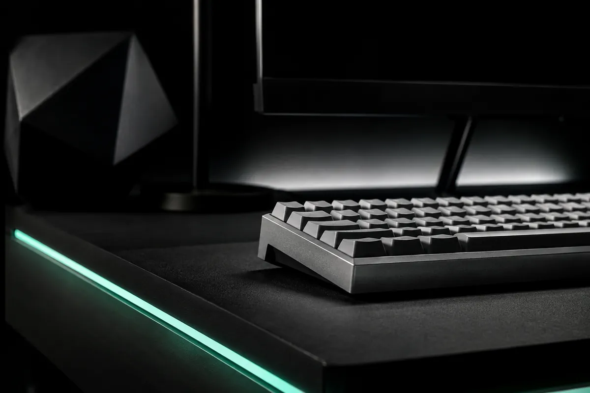 Detalle de teclado mecánico y monitor en una estación gaming